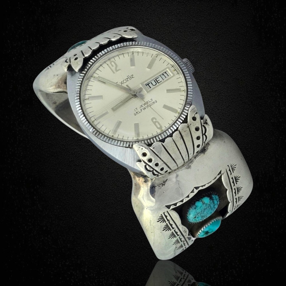 Navajo Joe Yazzie VTG Mens Sterling Silver Turquoise Cuff Excelle Watch 125.7 g